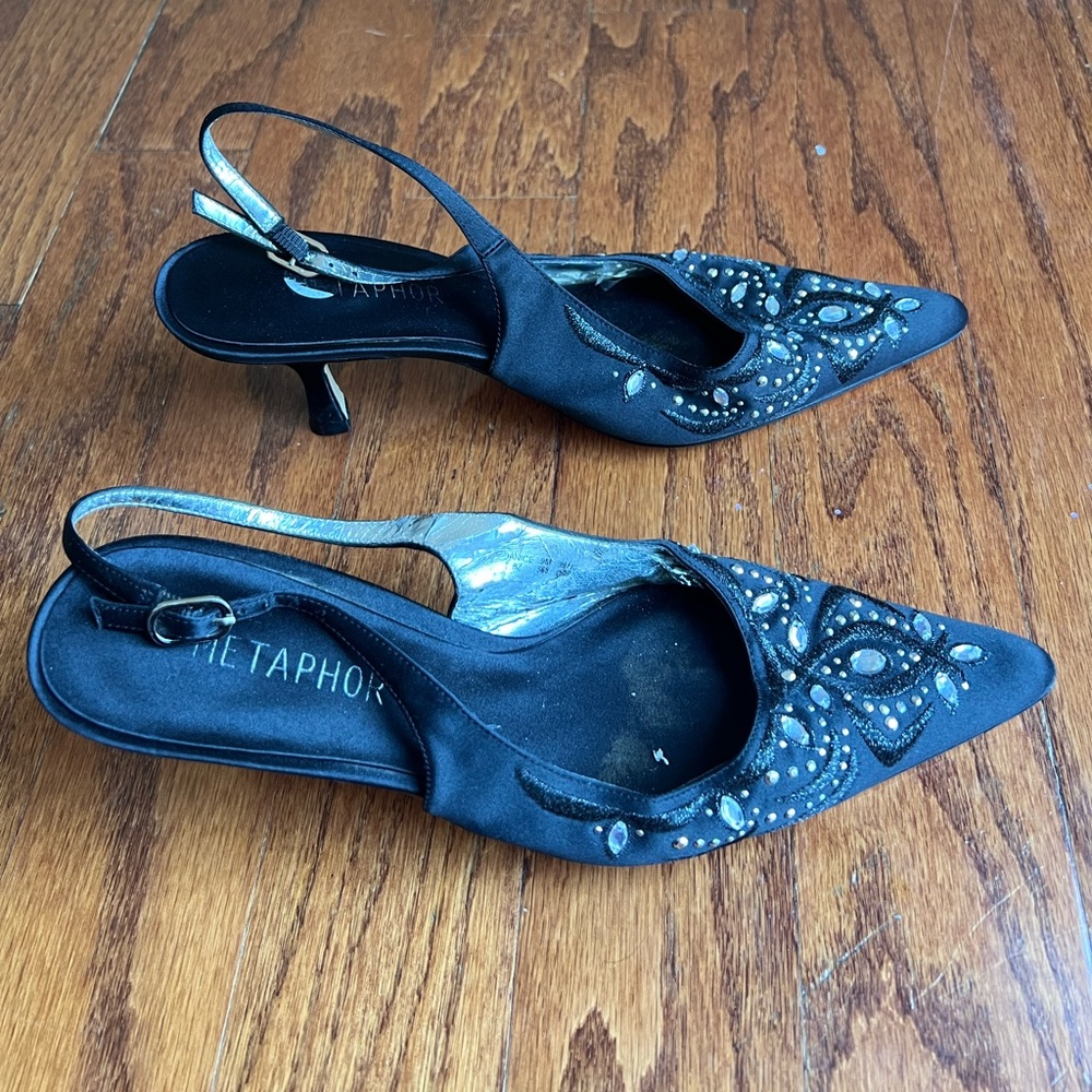 Metaphor Black Satin Embellished Pointed Slingback Flats - Picture 2 of 4